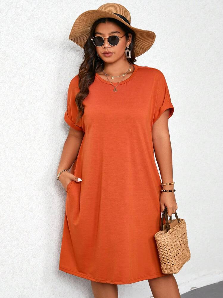 SHEIN LUNE Plus Size Women's Solid Color Short Sleeve T-Shirt Dress With Round Neck | SHEIN