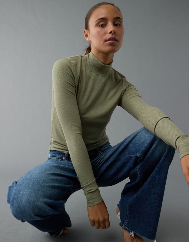 AE Soft & Sexy Mock Neck Long-Sleeve T-Shirt | American Eagle Outfitters (US & CA)
