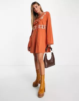 ASOS DESIGN long sleeve button down waisted mini dress with floral embroidery in rust | ASOS (Global)