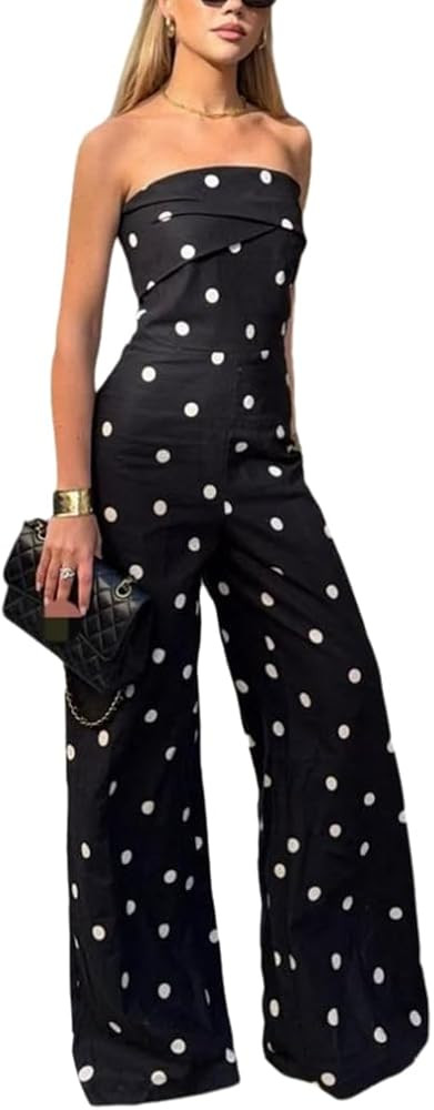 THLAI Polka Dot Jumpsuits for Women Off Shoulder Tube Top Wide Leg Pants Jumpsuits Elegant Going ... | Amazon (US)