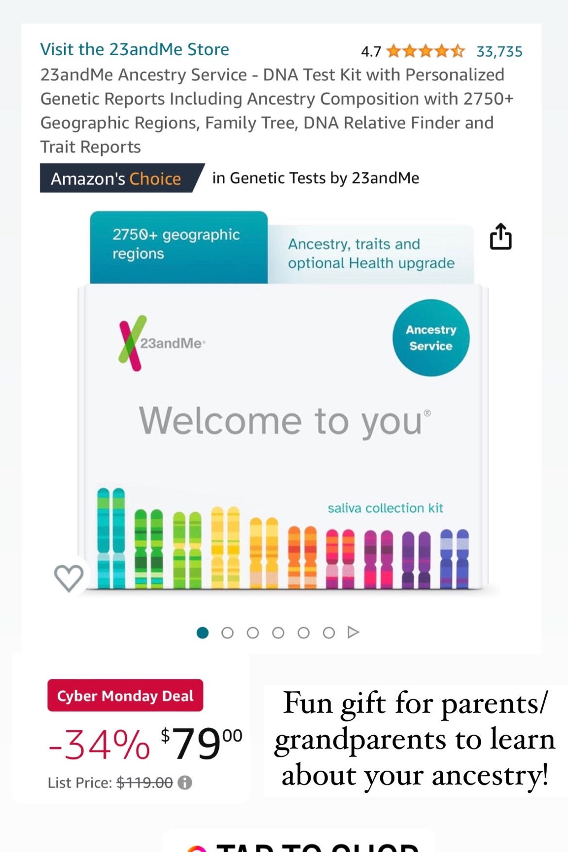 23 and Me kit on sale for Black Friday! A great gift idea for grandparents or parents to learn about your ancestry! 

#LTKGiftGuide #LTKCyberWeek #LTKHoliday