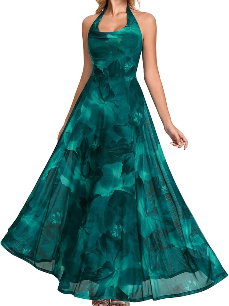 Women’s Summer Floral Maxi Dress Spring Wedding Guest Mesh Halter Cowl Neck Flowy A-Line Formal... | Amazon (US)