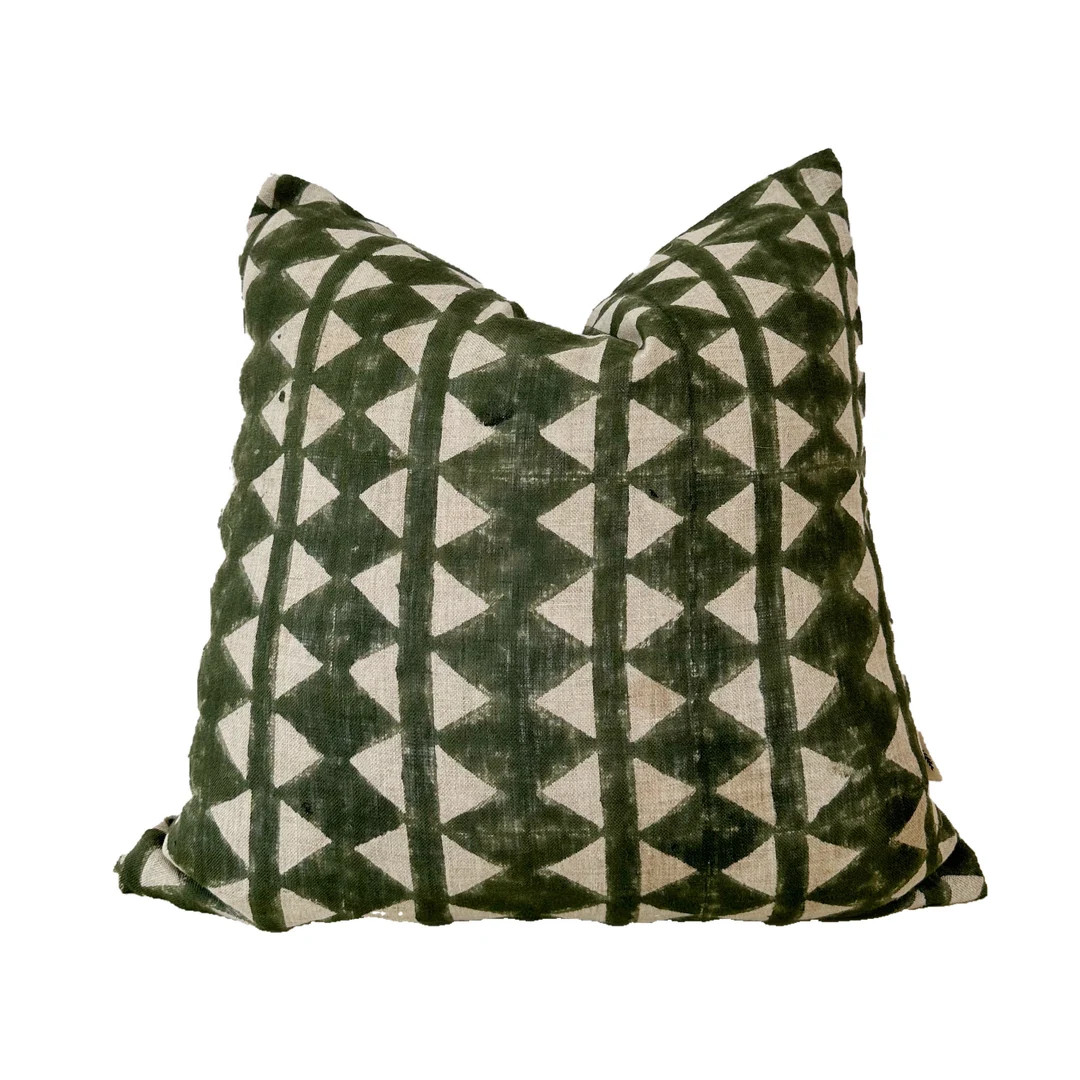 Block Print Pillow Case Olive Green and Natural Linen Pillow - Etsy | Etsy (US)
