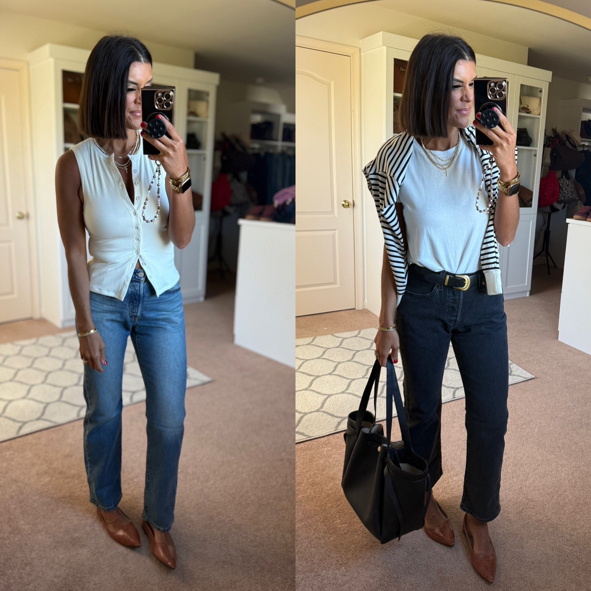 Love these Levi jeans! I’m in between a size 26 and 27 in Levi jeans and these are 27. In reg length in the blue wash shirt length in black. Size small in vest and tee. Size medium in stripped pullover 

#LTKSeasonal #LTKFindsUnder100