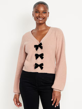 SoSoft V-Neck Bow-Front Cardigan Sweater | Old Navy (US)