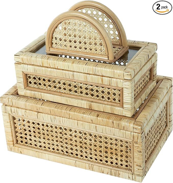 LUSYDECO Set of 2 Large Rectangular Rattan Decorative Boxes with Glass Lids Medium Cane and Ratta... | Amazon (US)