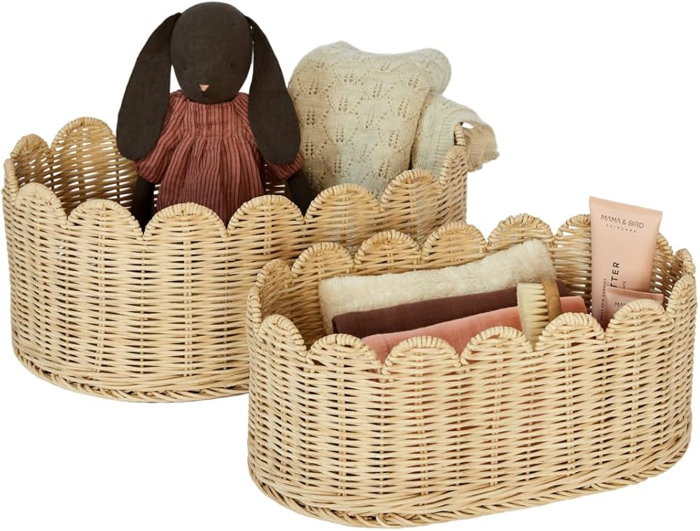 Premium Scalloped Basket Set Of 2 - Scallop Basket - 16 x 10 x 7 Inch - Hand-Woven Elegant Wicker... | Amazon (US)