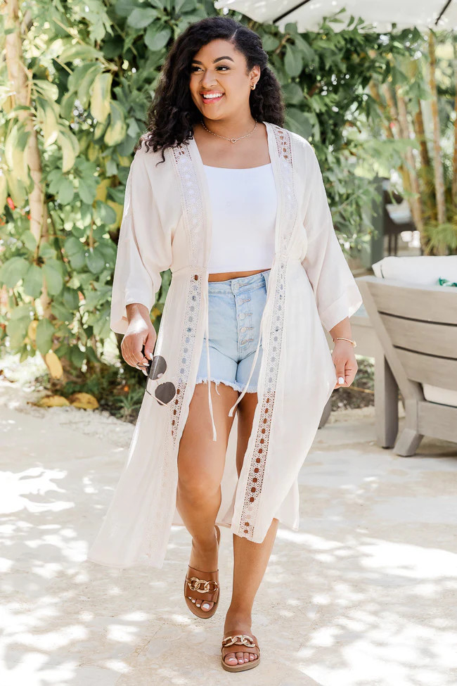 Beach Views Natural Crochet Trim Kimono | Pink Lily
