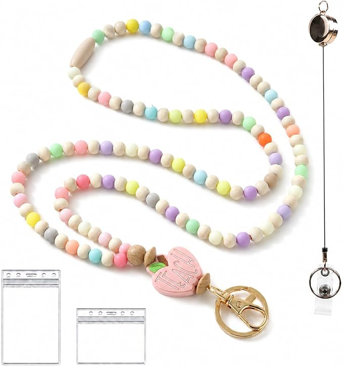 Wooden Beaded Lanyard for Women - Teacher Nurse ID Badge Holder - Retractable Breakaway Keychain ... | Amazon (US)
