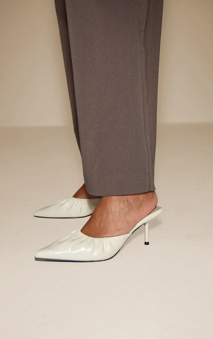 Cream Faux Suede Ruched Low Heel Court Mule | PrettyLittleThing | PrettyLittleThing UK