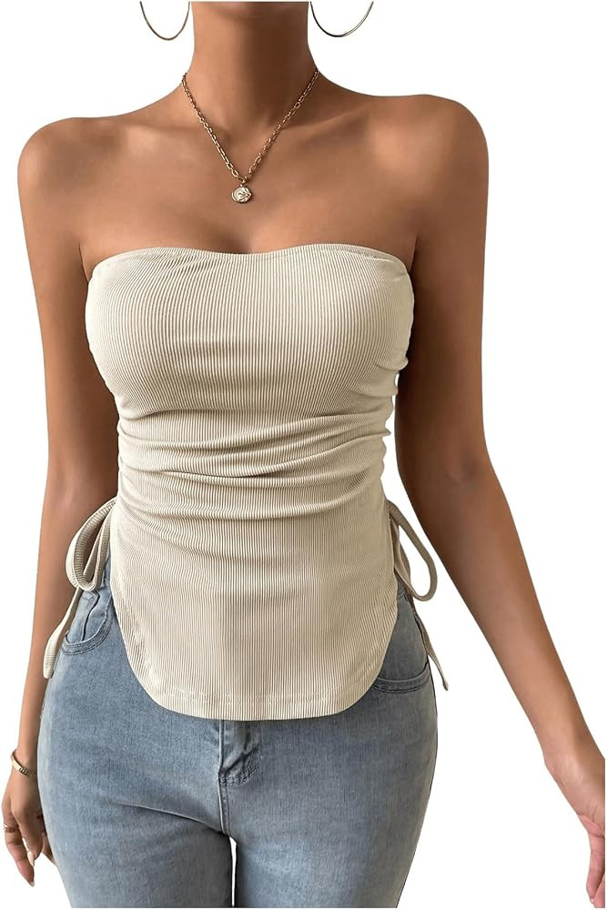 GORGLITTER Women's Strapless Knit Tube Top Y2k Ruched Drawstring Curve Hem Ribbed Crop Top | Amazon (US)
