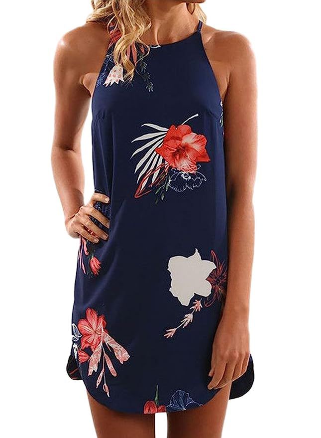 Asvivid Women's Summer Halter Neck Floral Print Sleeveless Casual Mini Dress | Amazon (US)