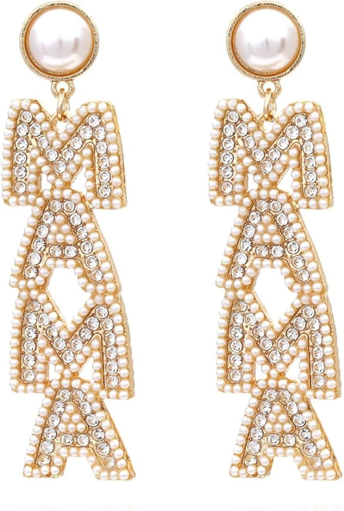 Long Pearl MAMA Letter Earrings Shining Rhinestone Crystal MAMA Earrings for Women Girls Jewelry | Amazon (US)
