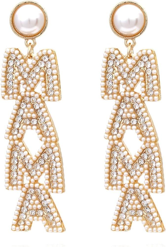 Long Pearl MAMA Letter Earrings Shining Rhinestone Crystal MAMA Earrings for Women Girls Jewelry | Amazon (US)