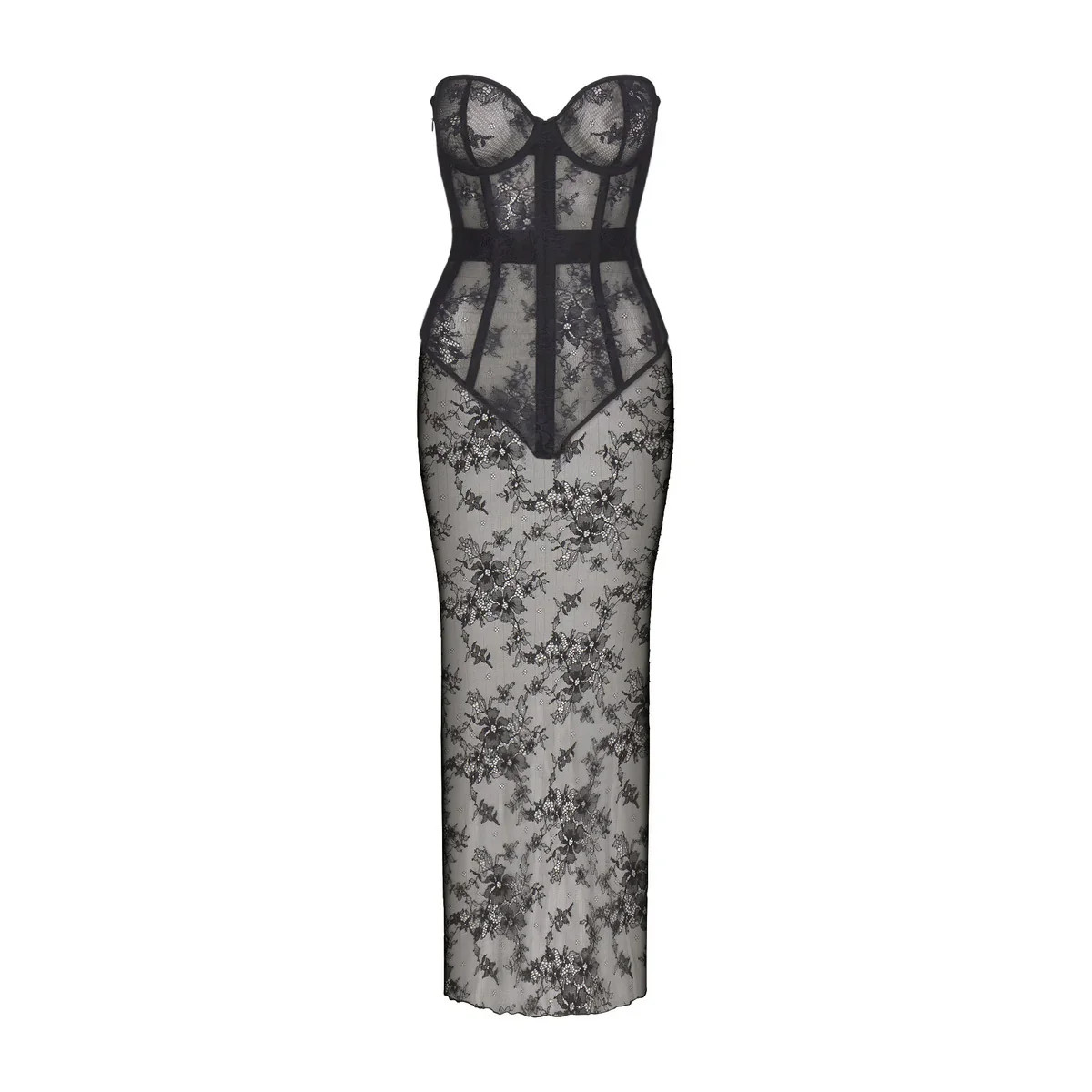 ULTRA FINE LACE STRAPLESS CORSET LONG DRESS | ONYX | SKIMS (US)