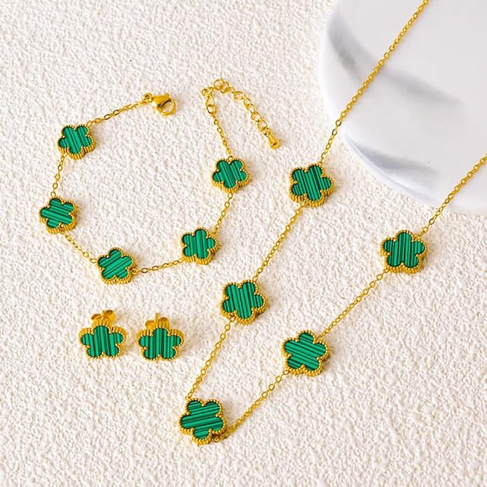 Lucky Clover Neckalce Earring Bracelet Set For Women Gold Plated Stainless Steel Chain Necklace w... | Amazon (US)