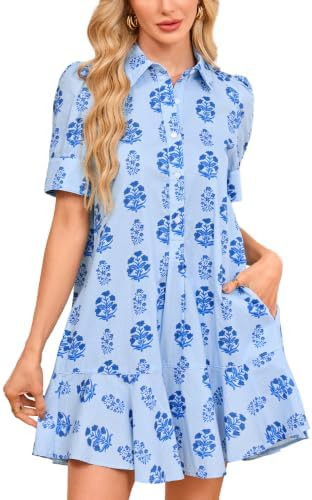 Women's Floral Mini Shirt Dress Summer Puff Short Sleeve Button Down Collared Ruffle Hem Swing Ca... | Amazon (US)