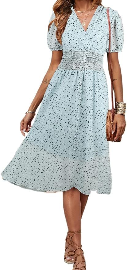 PRETTYGARDEN Women's Floral Wrap V-Neck Midi Dress Short Sleeve Boho Summer Beach Long Dress High... | Amazon (US)