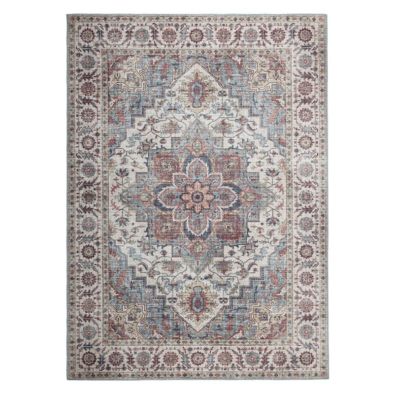(D448) Chenille Printed Vintage Look Blue Medallion Area Rug, 8x10 | At Home