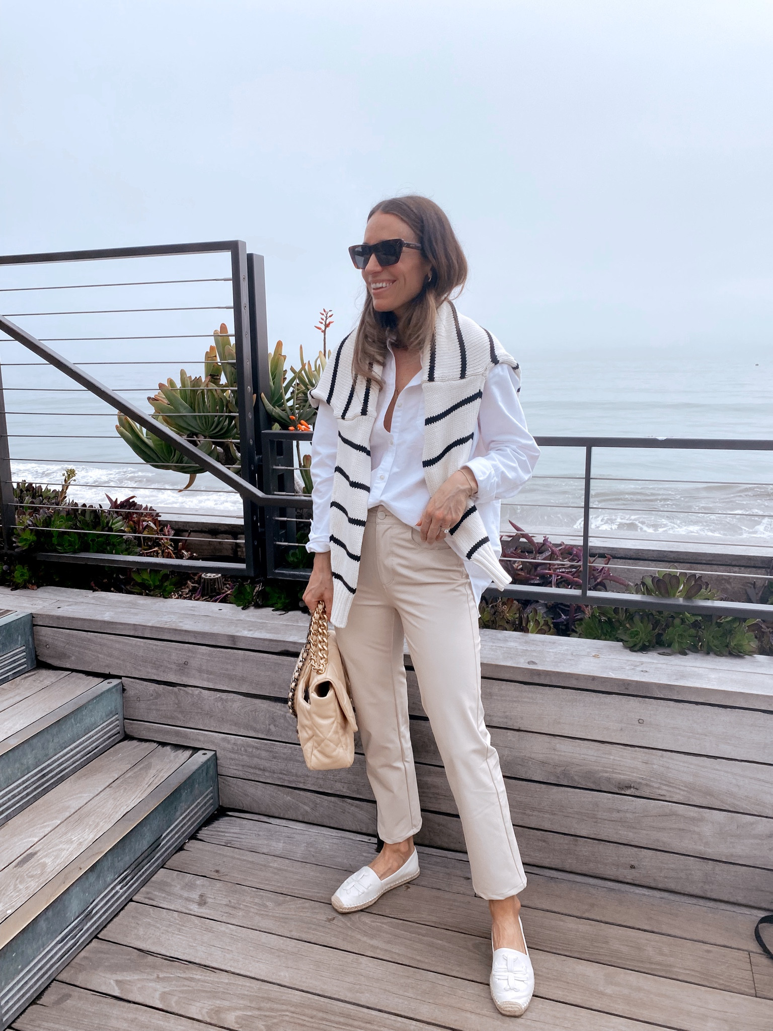 Today’s lunch outfit 
Faux leather leggings (I recommend sizing up one- so comfortable and don’t squeak at all) 
Oversized white button down 
Black and white striped cotton sweater (SHANNONP15 for 15% off) 
Ivory espadrilles 

#LTKSeasonal #LTKstyletip