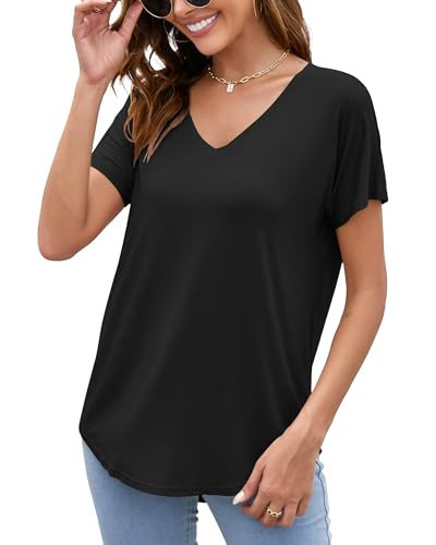 Black V Neck T Shirt Casual Plus Size Summer Short Sleeve Top for Women Comfy Workout Clothing Black X-Large | Amazon (US)