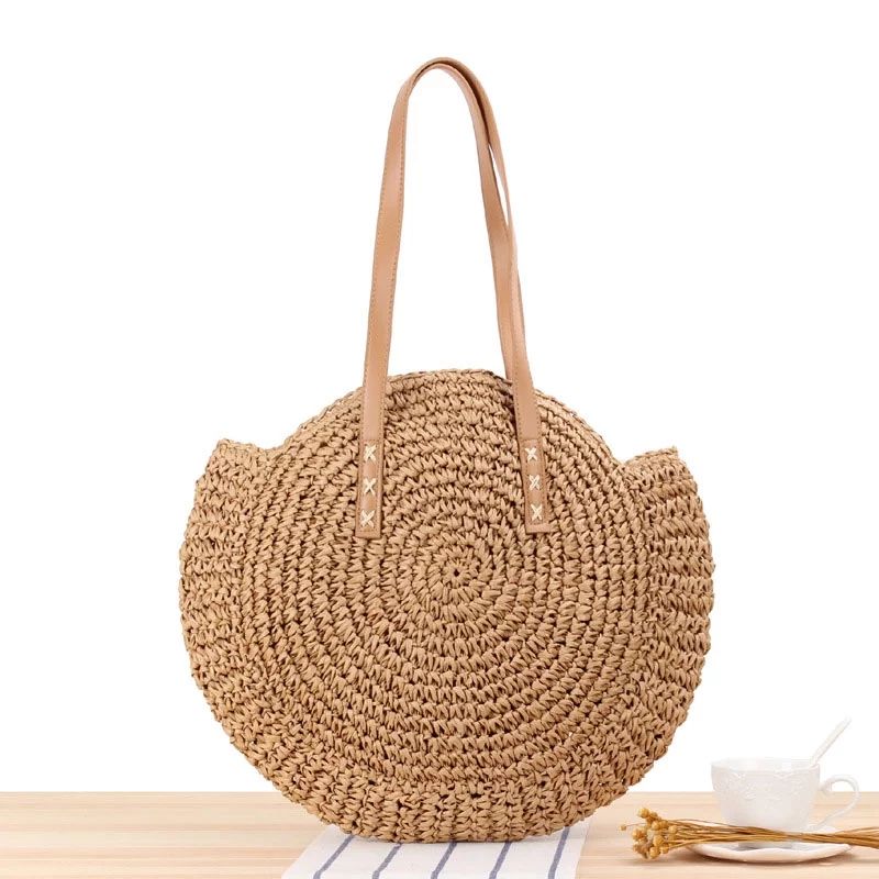 lzndeal Women Round Straw Bag Rattan Woven Shoulder Bag Wicker Simple Portable Beach Tote New | Walmart (US)