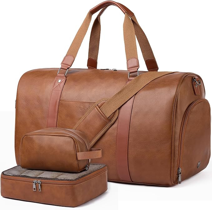 3-in-1 Leather Duffle Bag for Travel with Toiletry Bag and Shoe Compartment, Weekender Overnight ... | Amazon (US)