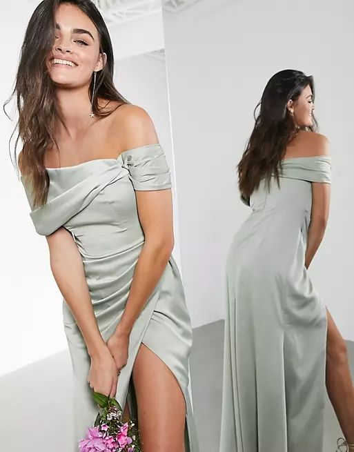 ASOS EDITION satin bardot drape wrap maxi dress in sage green | ASOS (Global)