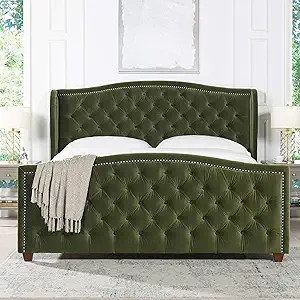 Jennifer Taylor Home Marcella Upholstered Shelter Headboard Bed Set, King, Olive Green Performanc... | Amazon (US)