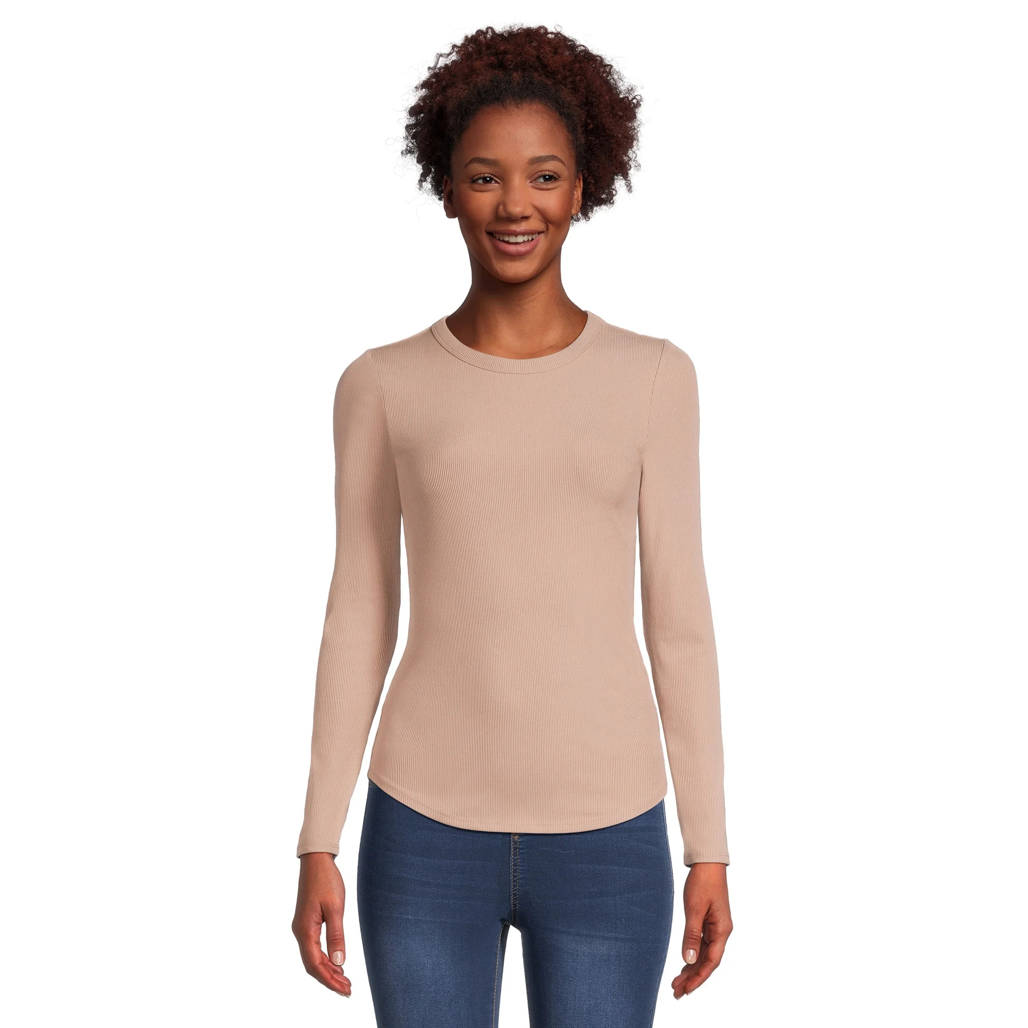 No Boundaries Juniors Ribbed Crewneck Tee with Long Sleeves - Walmart.com | Walmart (US)