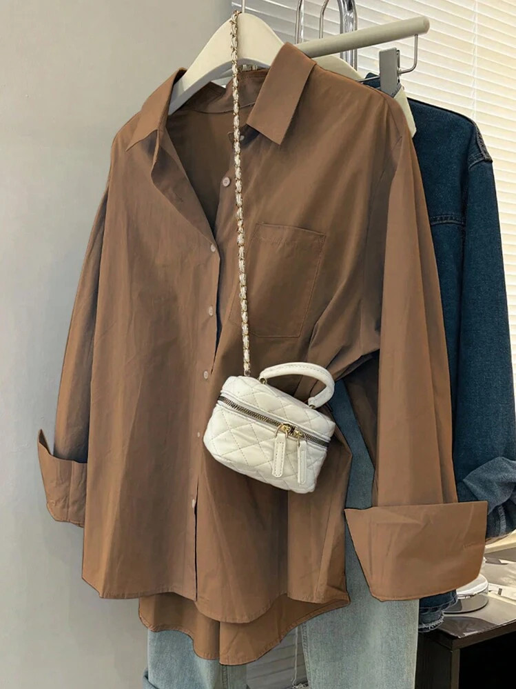 SHEIN Essnce Women's Solid Color Button Front Long Sleeve Pocket Casual Shirt | SHEIN