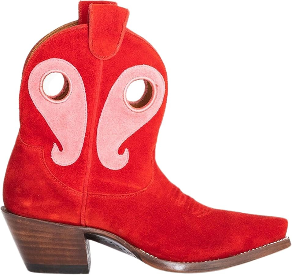 Red Suede Short Cowboy Cowgirl Boots for Women Embroidered Pull Hole Western Booties Country Conc... | Amazon (US)