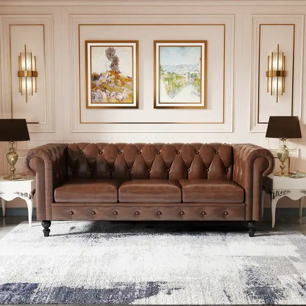 Rolled Arm Faux Leather Chesterfield Sofa with Removable Cushions | Bed Bath & Beyond