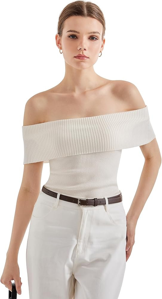 SUUKSESS Women Off Shoulder Going Out Sweaters Tops Short Sleeve Ribbed Knit Summer Sexy Shirts | Amazon (US)