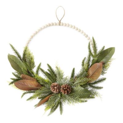 North Pole Trading Co. Wood Beaded Greenery & Pinecone Christmas Wreath | JCPenney