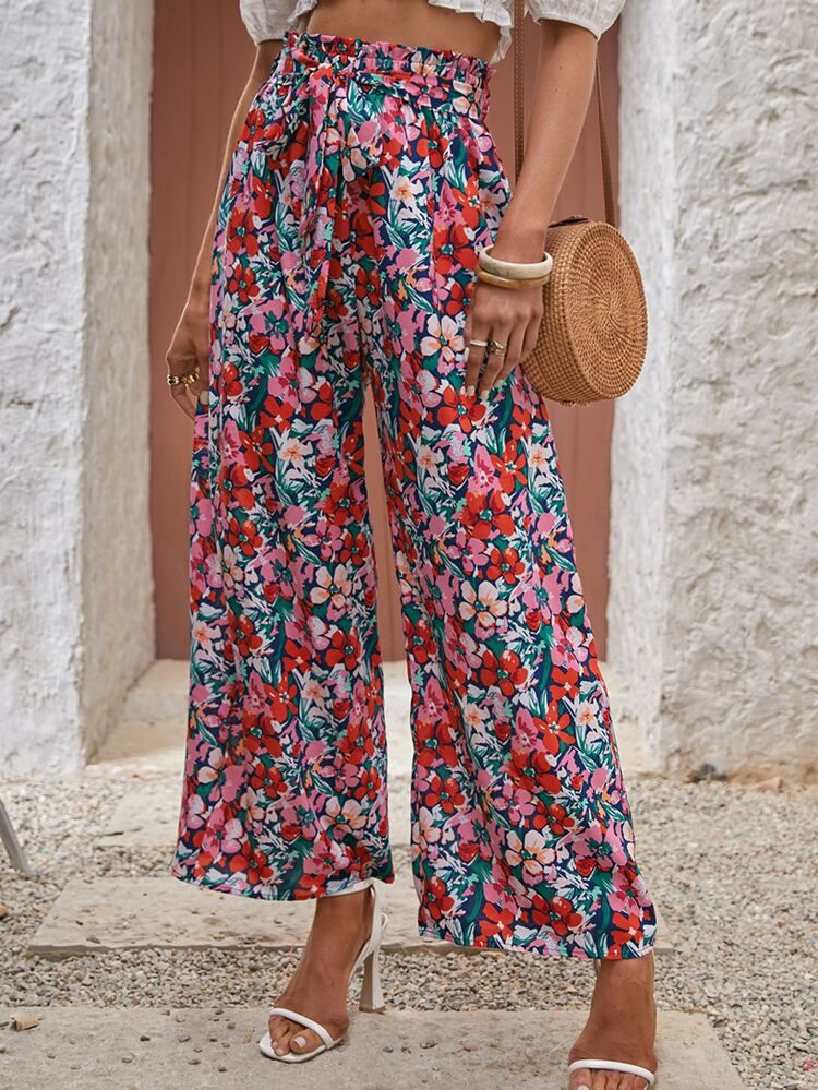 SHEIN Frenchy Floral Print Belted Wide Leg Pants | SHEIN