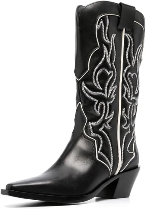 Yolkomo Western Cowboy Boots for Women Wide Calf Low Heel Distressed Cowgirl Boots | Amazon (US)