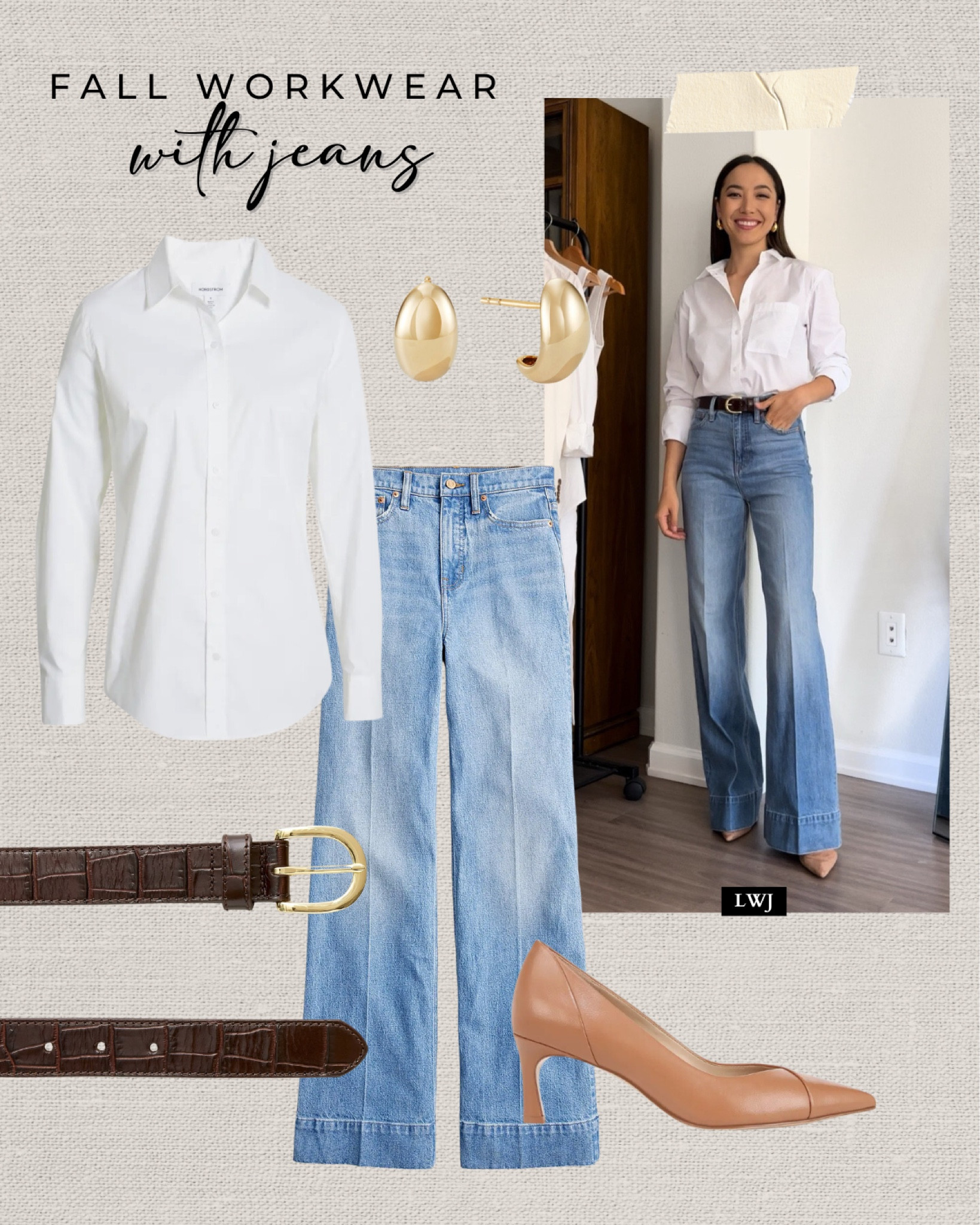 Fall workwear inspo with wide leg jeans 

Business casual / smart casual / white button up / leather belt / tan heels / classic style 

#LTKWorkwear #LTKStyleTip