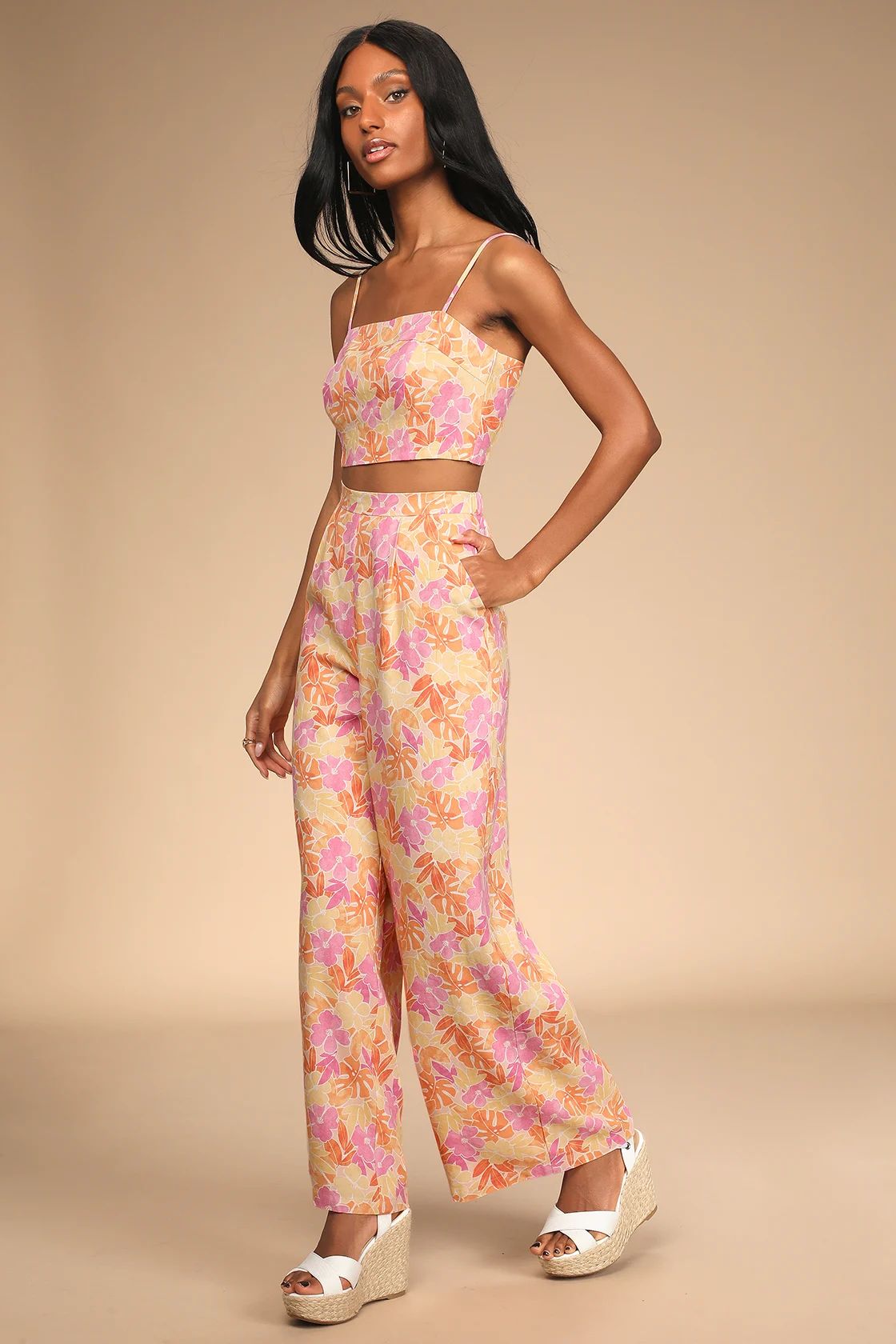 Hibiscus Haze Orange Floral Print Wide-Leg Two-Piece Jumpsuit | Lulus (US)