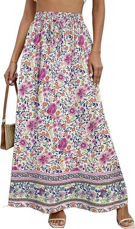 Zeagoo Women's 2024 Boho Floral Skirt Casual Elastic High Waist Maxi Skirts Flowy A Line Beach Lo... | Amazon (US)