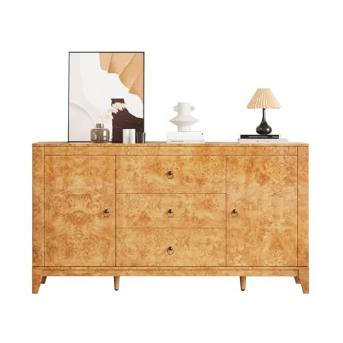 LUXOAK High Gloss Sideboard Buffet Burl Wood 60'' Cabinet Buffet Table with 3 Drawers & 2 Closed Storages, Mid-Century Modern Sideboard for Dining Living Room, Blond Burl | Amazon (US)