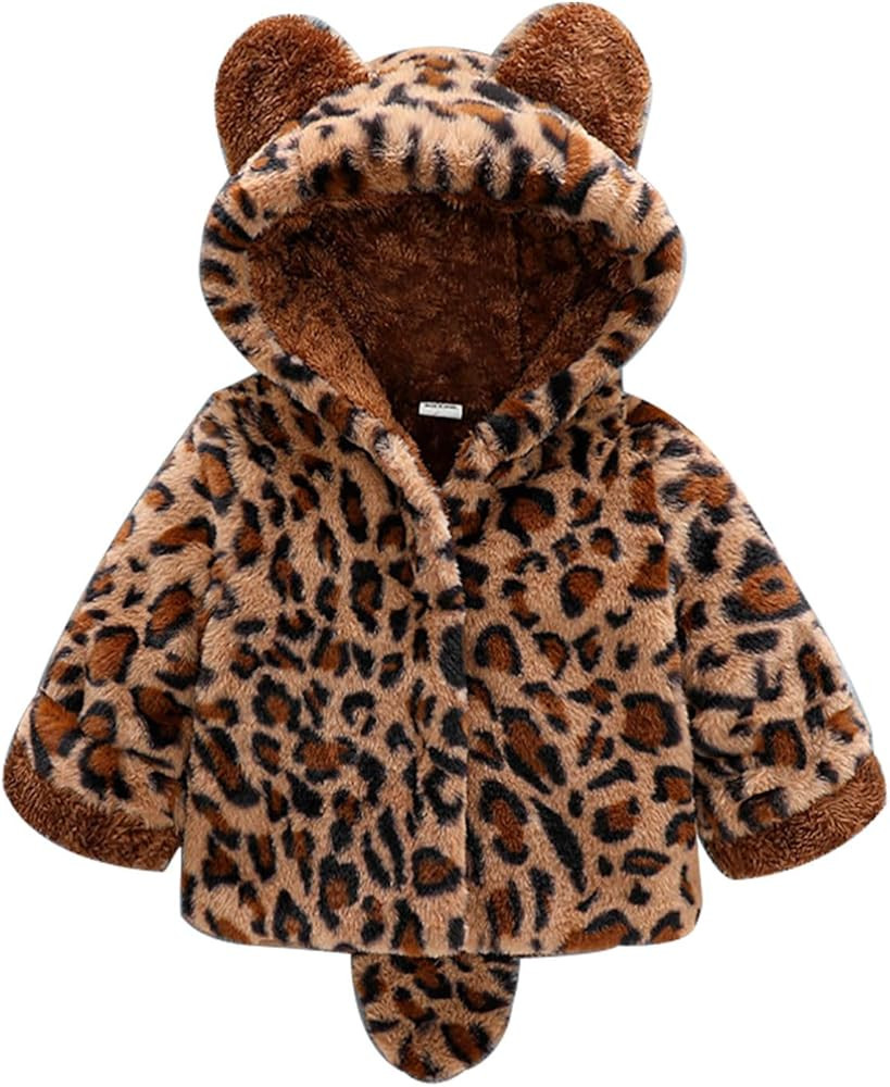 Girls Faux Fur Leopard Coat Toddler Hooded Fleece Jacket Baby Winter Coat Cute Bear Ears Sherpa H... | Amazon (US)