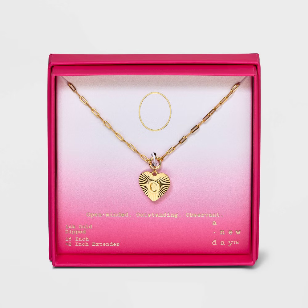 14K Gold Dipped 'O' Initial Diamond Cut Heart Pendant Necklace - A New Day™ Gold | Target