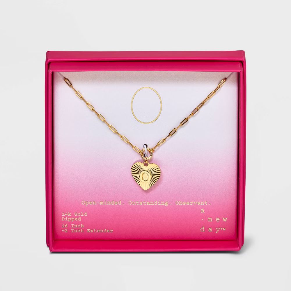 14K Gold Dipped 'O' Initial Diamond Cut Heart Pendant Necklace - A New Day™ Gold | Target