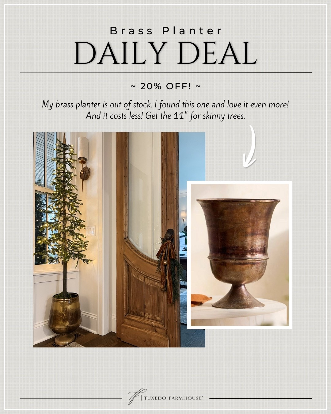 My brass planter is out of stock.  I found this one and love it even more!  And it costs less! Get the 11” for skinny trees.

#LTKSeasonal #LTKHome #LTKHoliday