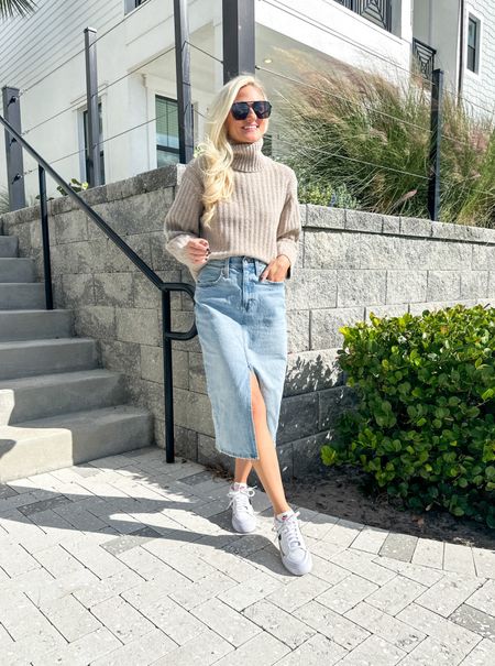 Denim skirt is on trend! Dress it up or down! This sweater is so cozy and cashmere like. Wear the skirt with sneakers, boots or heels. 

#LTKfindsunder50 #LTKstyletip
