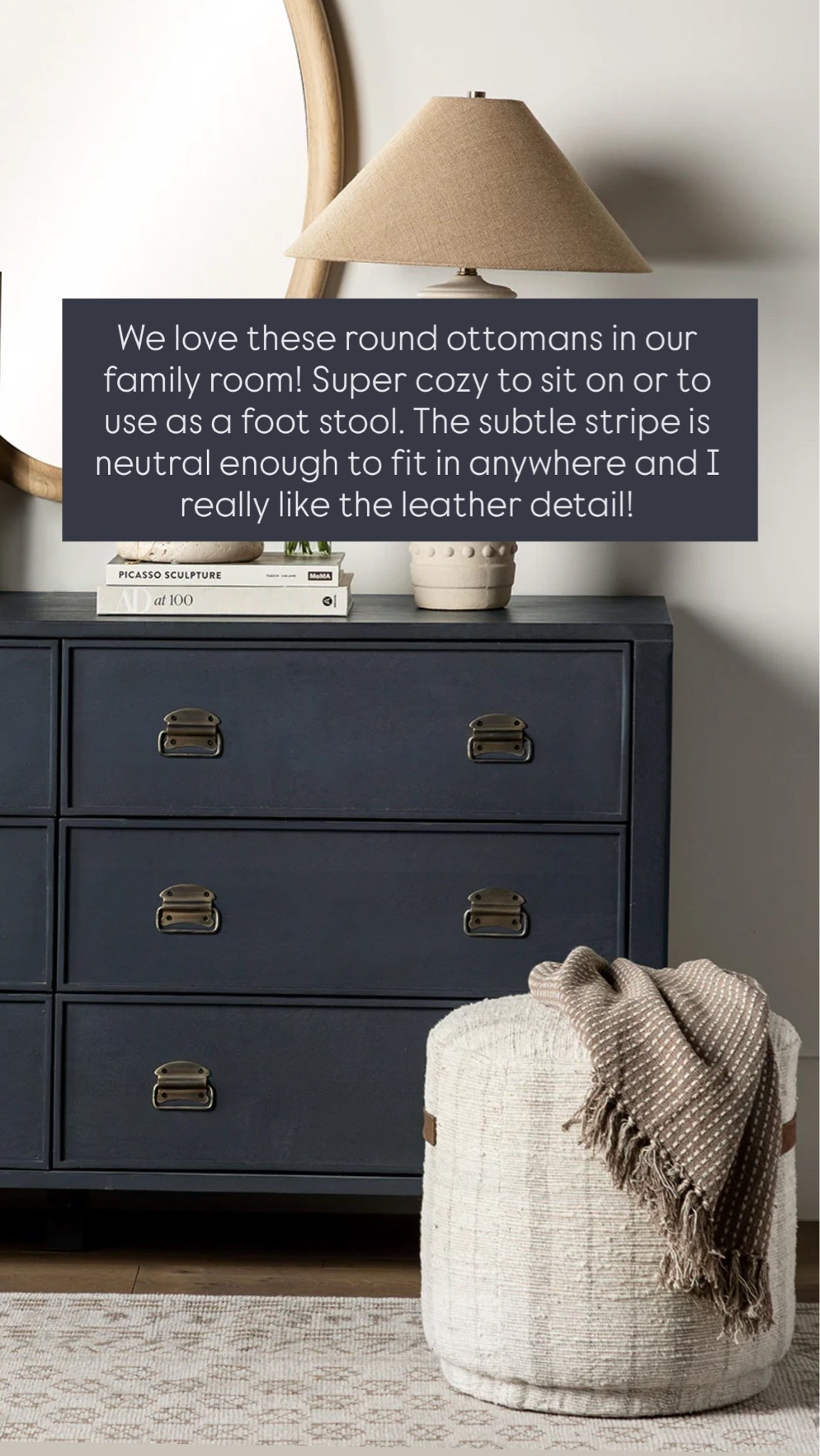 We love these round ottomans in our family room! Super cozy to sit on or to use as a foot stool. The subtle stripe is neutral enough to fit in anywhere and I really like the leather detail.

#LTKSaleAlert #LTKHome #LTKdayinmylife