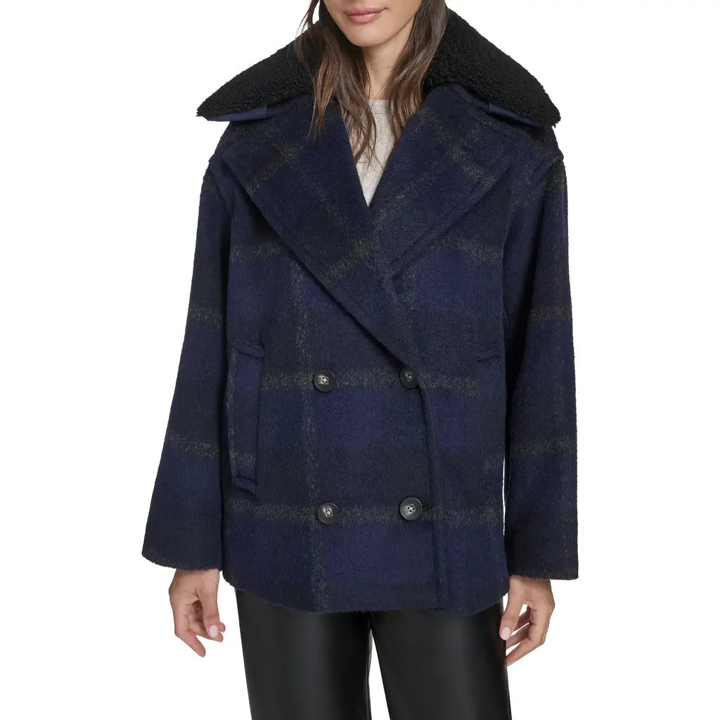 levi's Plaid Short Peacoat with Removable Faux Shearling Collar in Navy Plaid at Nordstrom, Size Small | Nordstrom