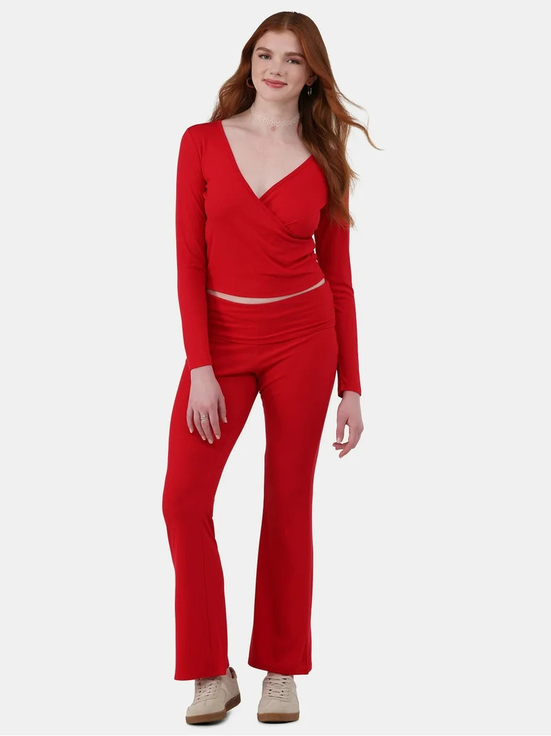 No Boundaries Ribbed Top and Flare Pants Pajama Set, 2-Piece, Women’s and Women’s Plus | Walmart (US)