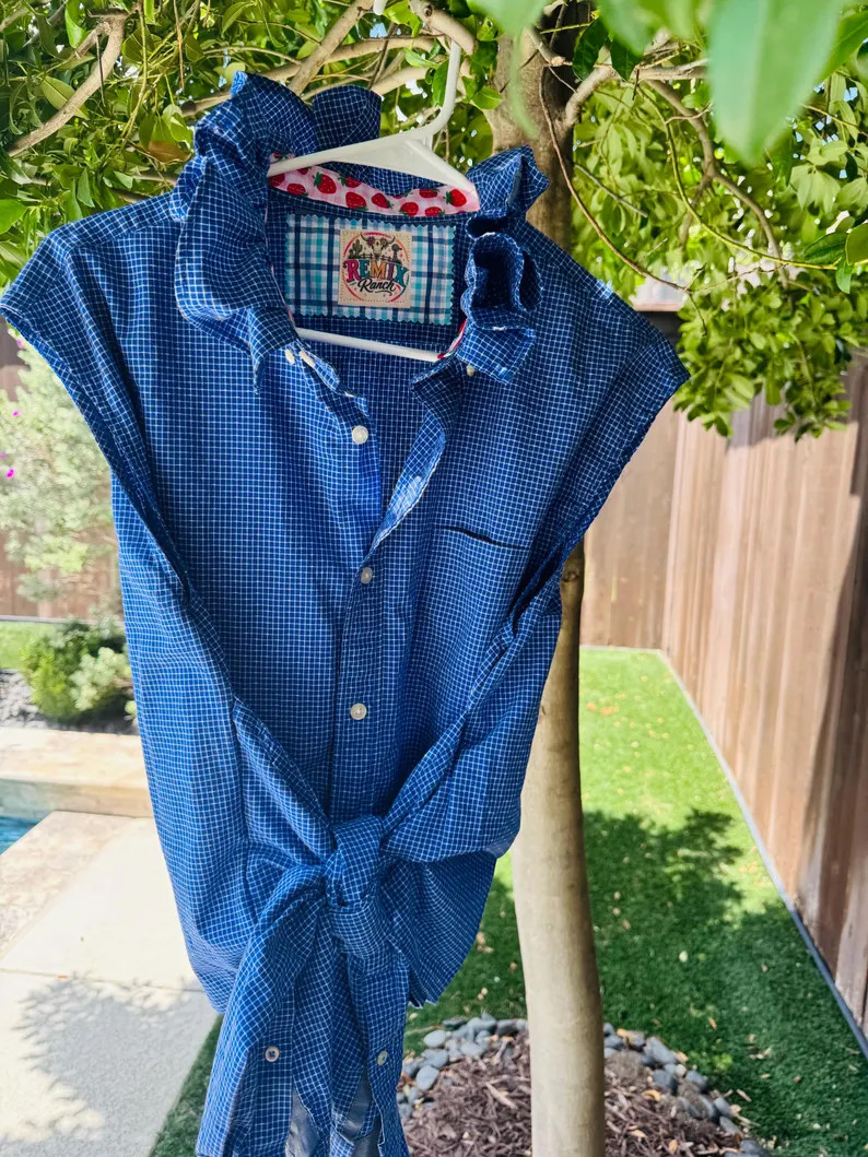 Upcycled blue men\u2019s L ruffle shirt with pretty strawberry gingham ribbon trim, finished hem,... | Etsy (Global)